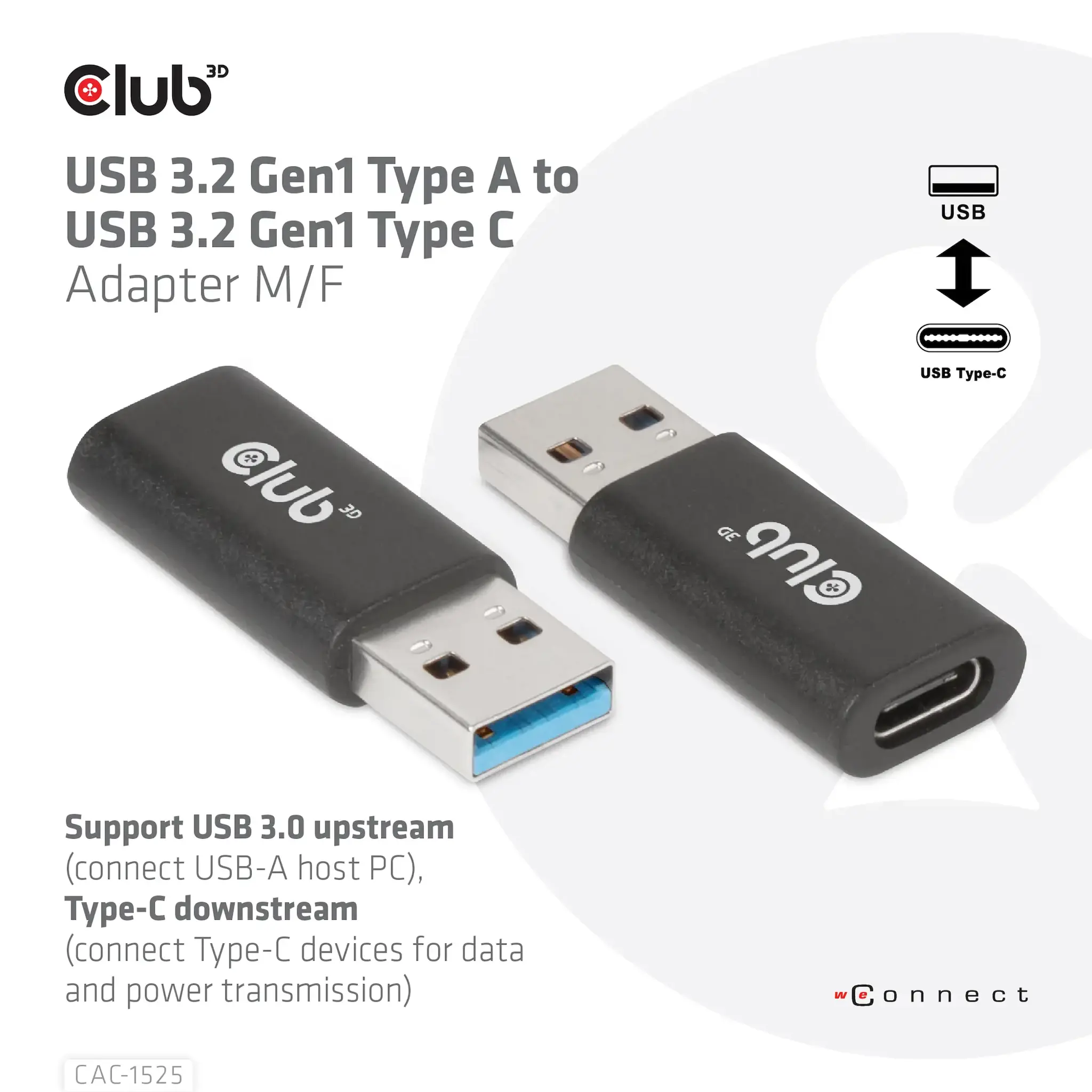 CLUB3D USB 3.2 Gen1 Type A to USB 3.2 Gen1 Type C Adapter M/F, USB A, USB TYPE C, 3.2 Gen 1 (3.1 Gen 1), Black