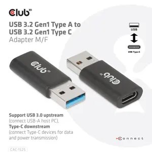CLUB3D USB 3.2 Gen1 Type A to USB 3.2 Gen1 Type C Adapter M/F, USB A, USB TYPE C, 3.2 Gen 1 (3.1 Gen 1), Black