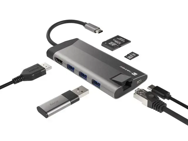 NATEC daugiaportis "Fowler Plus" USB-C->HUB USB 3.0 3x HDMI 4K USB-C PD RJ45 SD Micro SD