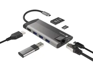 NATEC daugiaportis "Fowler Plus" USB-C->HUB USB 3.0 3x HDMI 4K USB-C PD RJ45 SD Micro SD