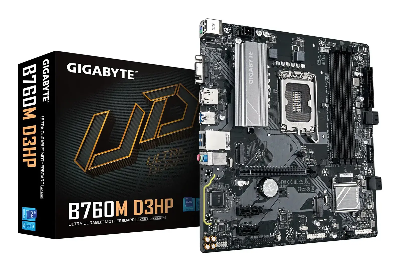 Mainboard GIGABYTE Intel B760 Express LGA1700 Micro-ATX Memory DDR5 Memory slots 4 2xPCI-Express 3.0 1x 1xPCI-Express 4.0 16x 2xM.2 1x15pin D-sub 1xHDMI 1xDisplayPort 2xUSB 2.0 5xUSB 3.2 1xUSB-C 1xPS/2 1xRJ45 3xAudio port B760MD3HP1.0