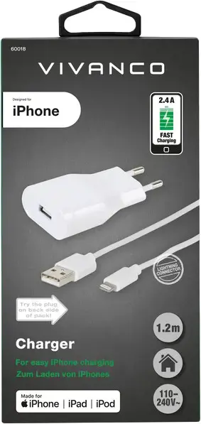 "Vivanco" įkroviklis "Lightning" 2,4 A 1,2 m, baltos spalvos (60018)