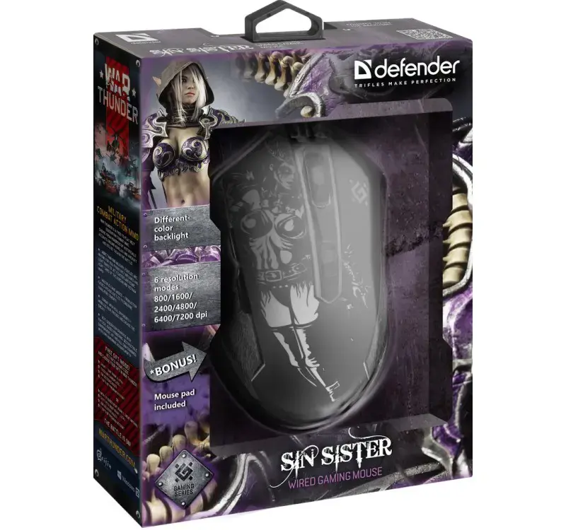 Žaidimų, optinė, laidinė pelė DEFENDER GM-933 SIN'SISTER 7200dpi 6P RGB