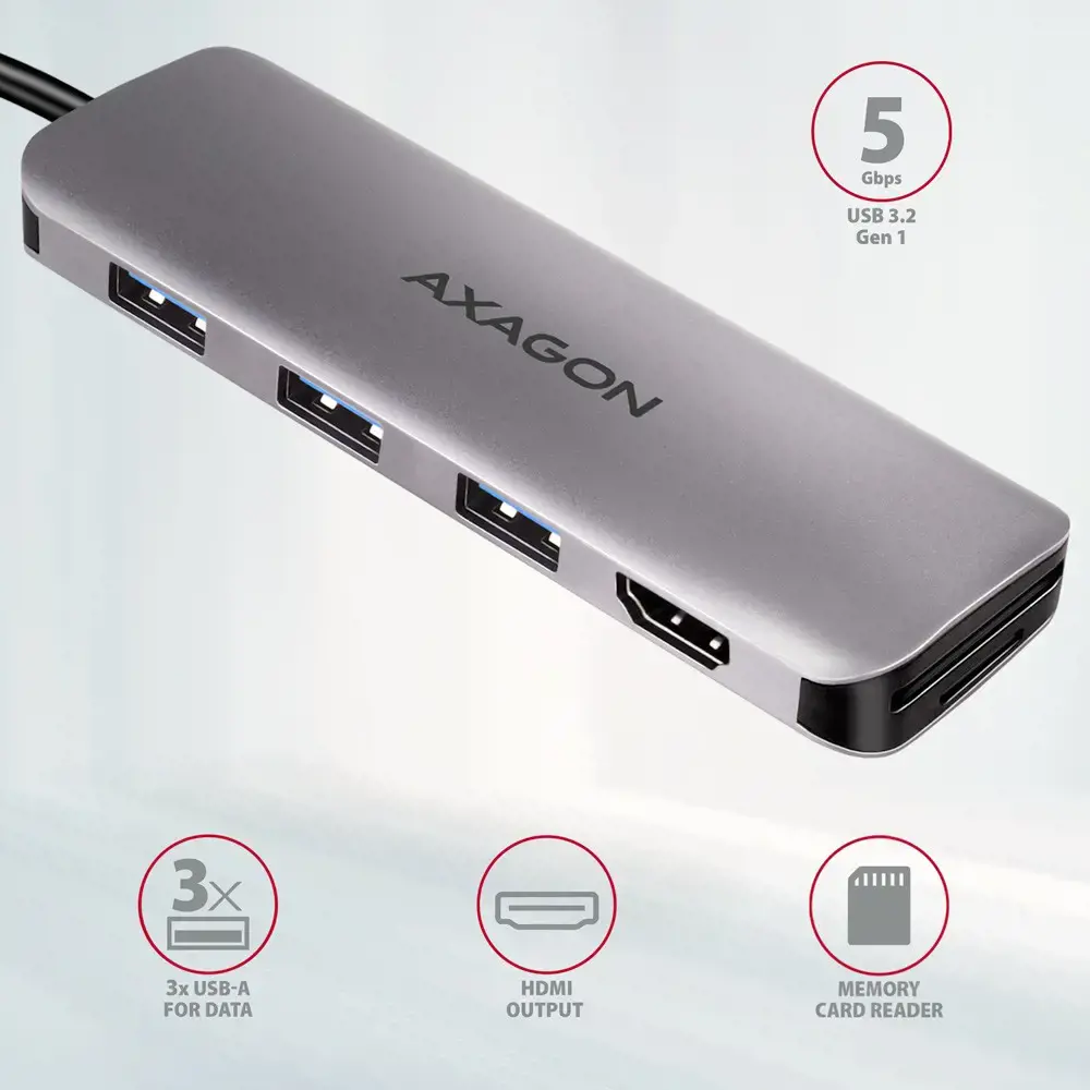 "Axagon" kelių prievadų USB 3.2 Gen 1 šakotuvas. HDMI, kortelių skaitytuvas ir trys USB-A išvestys. USB-C 20 cm ilgio kabelis.