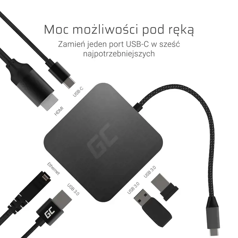 Dokavimo stotelė HUB USB-C Green Cell 6in1 (USB 3.0 HDMI Ethernet USB-C), skirta "Apple MacBook", "Dell XPS", "Asus ZenBook" ir kt.