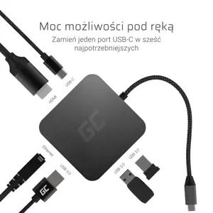 Dokavimo stotelė HUB USB-C Green Cell 6in1 (USB 3.0 HDMI Ethernet USB-C), skirta "Apple MacBook", "Dell XPS", "Asus ZenBook" ir kt.