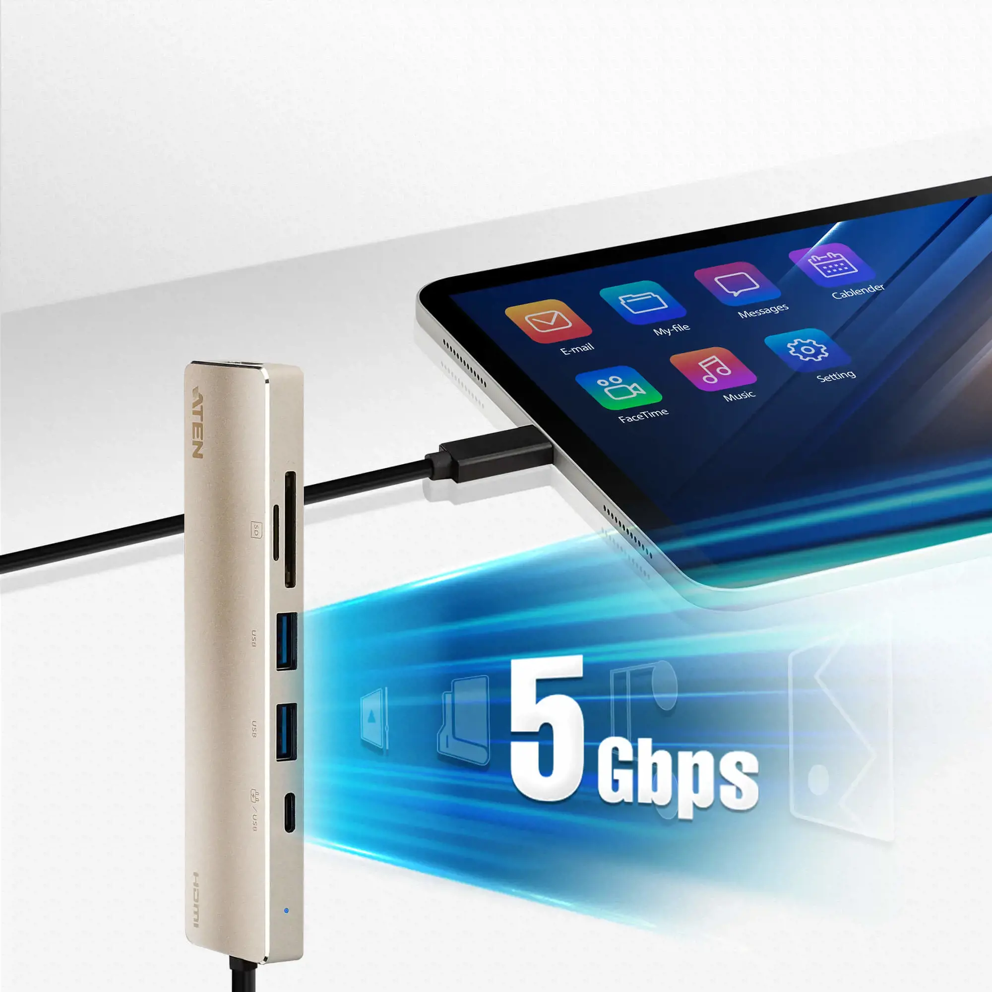 ATEN USB-C daugiaportis mini dokas su maitinimo pralaidumu, laidinis, USB 3.2 Gen 1 (3.1 Gen 1) Type-C, 60 W, juodas, auksinis, SD, SDHC, SDXC, 4K Ultra HD