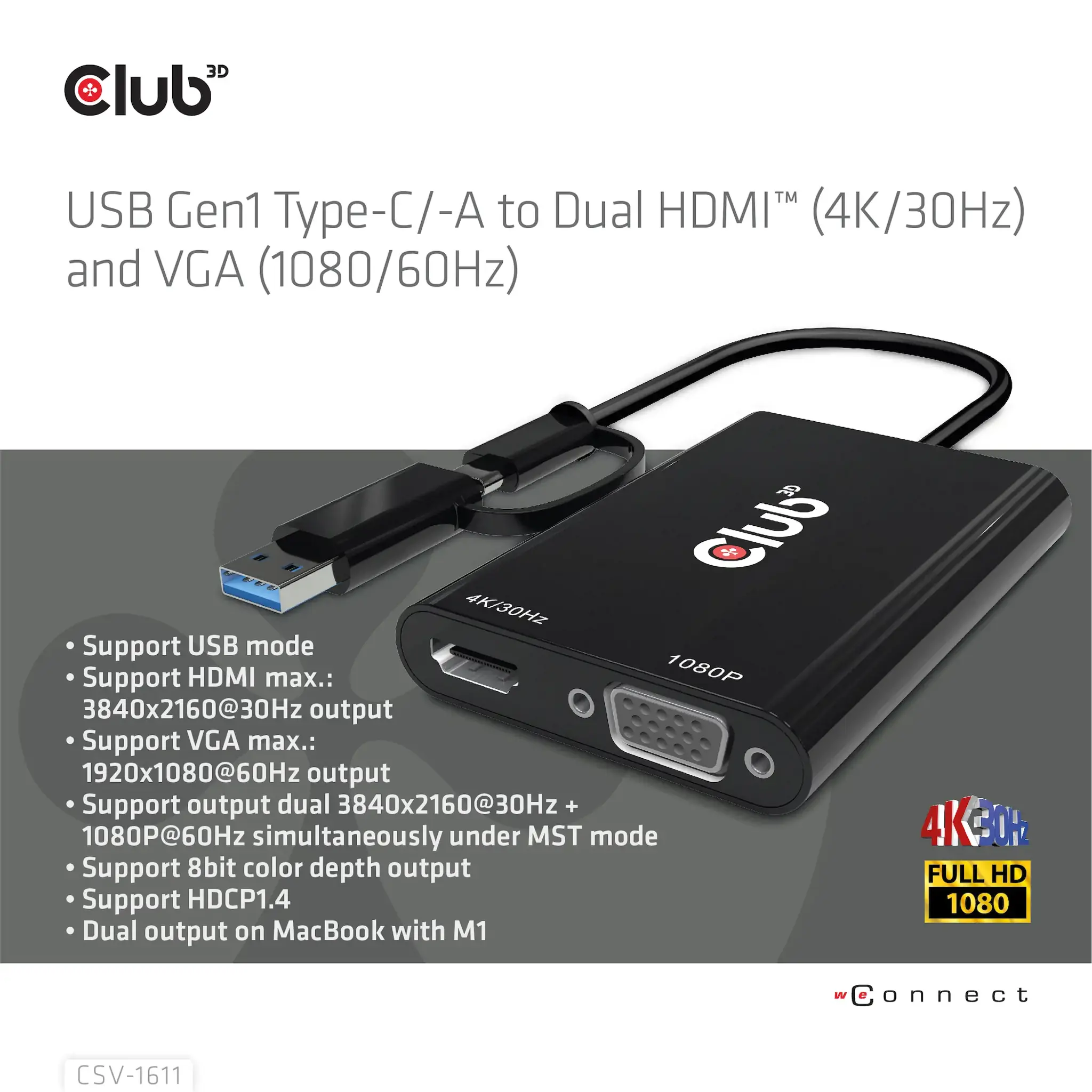 CLUB3D USB Gen1 Type-C/-A to Dual HDMI (4K/30Hz) / VGA (1080/60Hz), 0.22 m, USB Type-C, HDMI + VGA (D-Sub), Male, Female, Straight