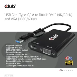 CLUB3D USB Gen1 Type-C/-A to Dual HDMI (4K/30Hz) / VGA (1080/60Hz), 0.22 m, USB Type-C, HDMI + VGA (D-Sub), Male, Female, Straight