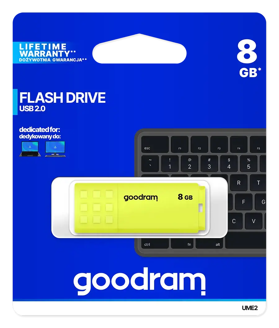 "Goodram UME2", 8 GB, A tipo USB, 2.0, 20 MB/s, dangtelis, geltonos spalvos