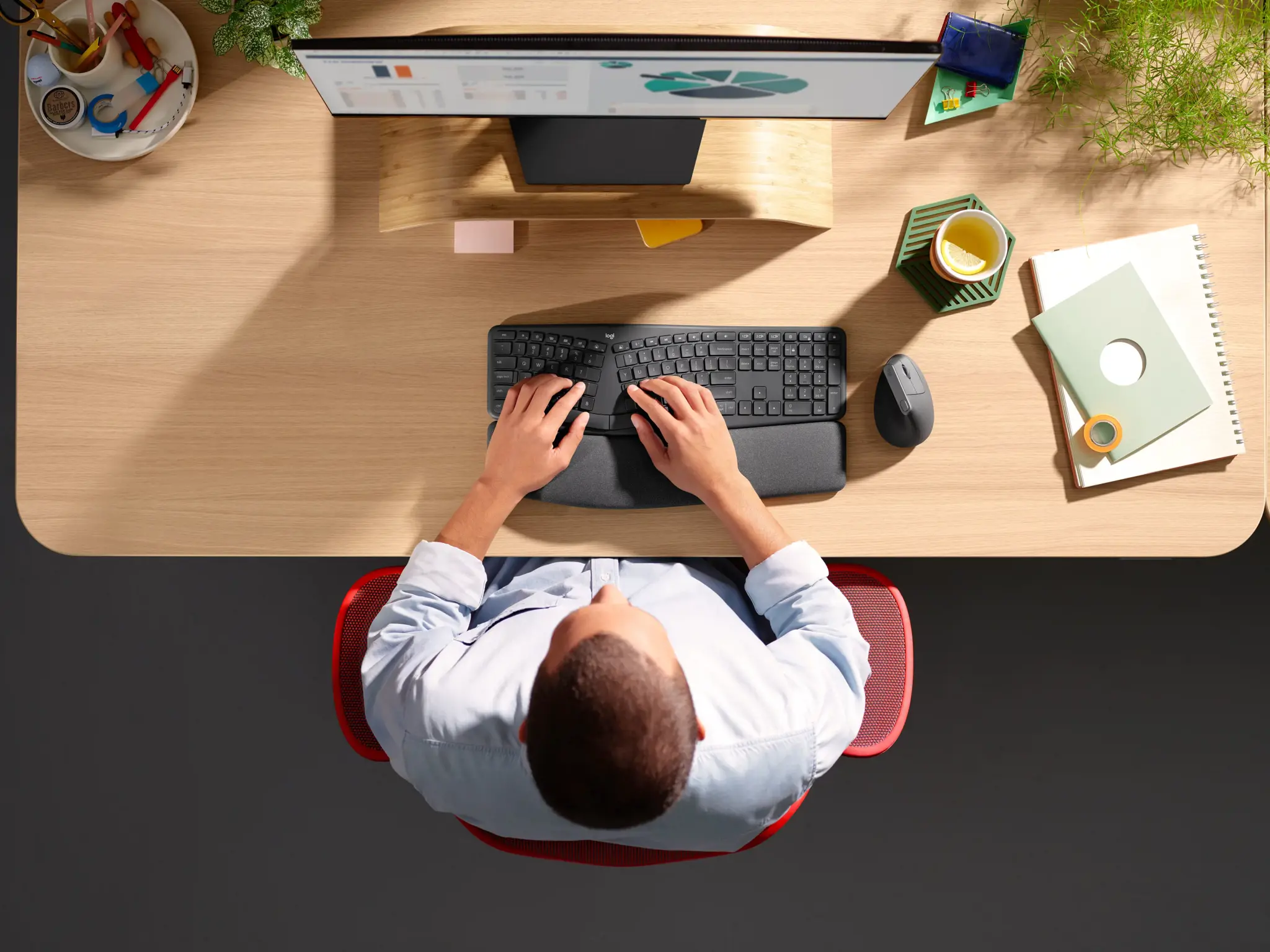 Logitech ERGO K860 for Business, Full-size (100%), Bluetooth, Semi-mechanical key switch, Graphite
