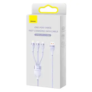 USB 3-in-1 "Baseus Flash II" kabelis, USB-C + micro USB + "Lightning", 66 W, 1,2 m (violetinės spal…