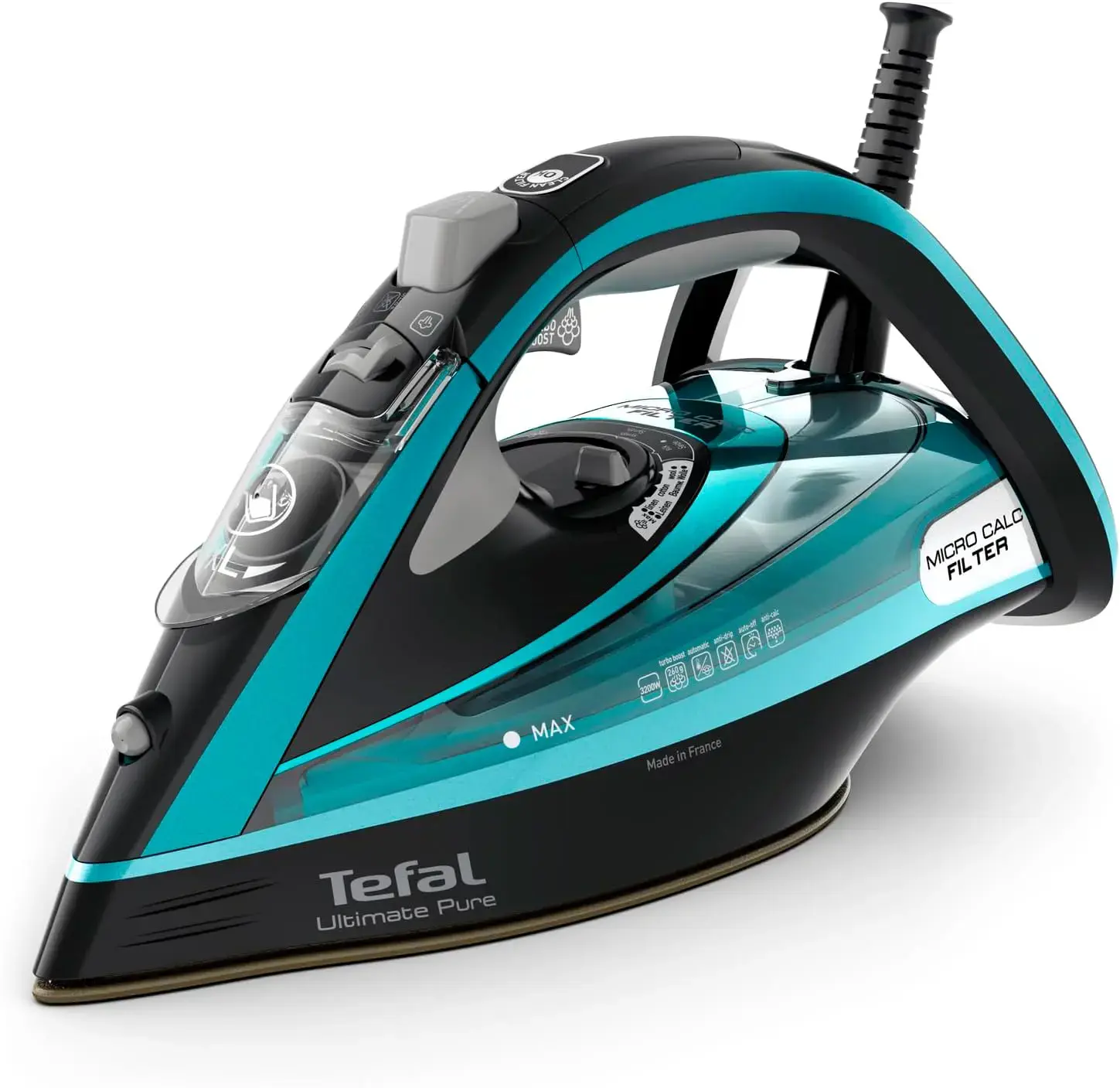 "Tefal Ultimate Pure FV9844", sausas ir garų lygintuvas, "Durilium Autoclean" padas, 2,5 m, 250 g/min, juodas, mėlynas, 60 g/min