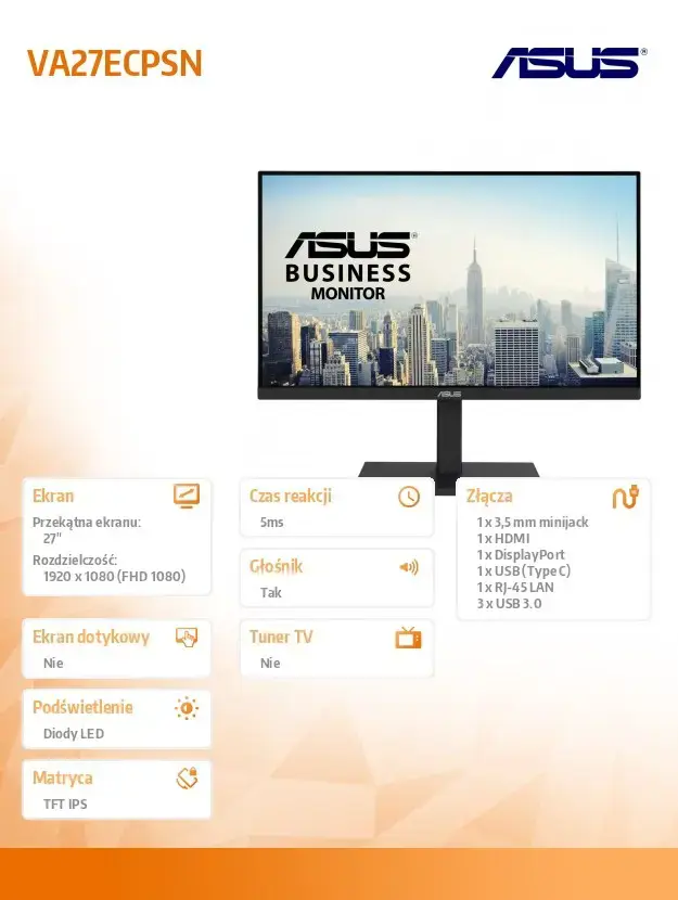 ASUS VA27ECPSN, 68,6 cm (27"), 1920 x 1080 taškų, "Full HD", LED, 5 ms, juoda