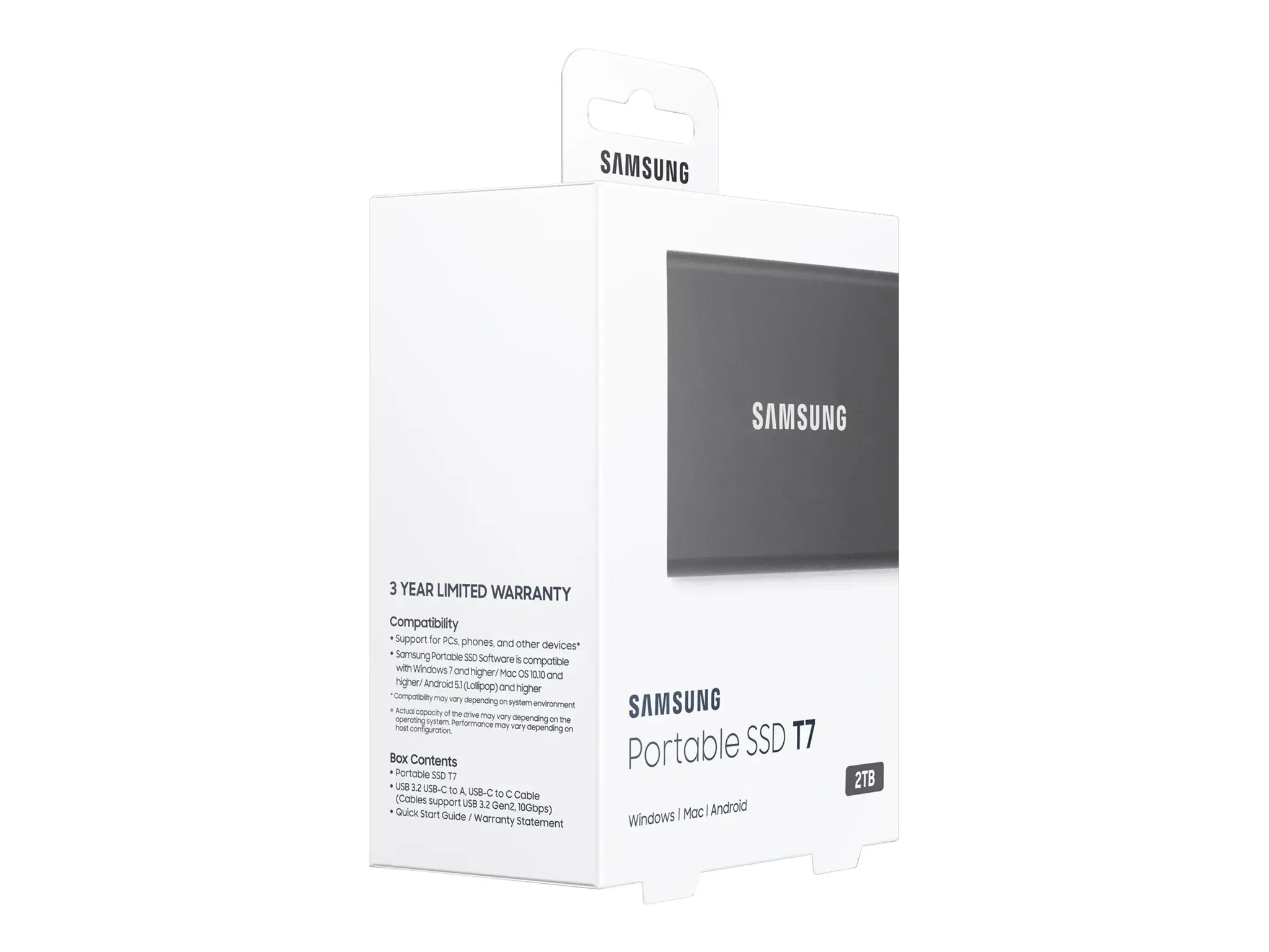 "Samsung" nešiojamasis SSD diskas T7, 2000 GB, C tipo USB, 3.2 Gen 2 (3.1 Gen 2), 1050 MB/s, apsauga nuo slaptažodžio, pilkas