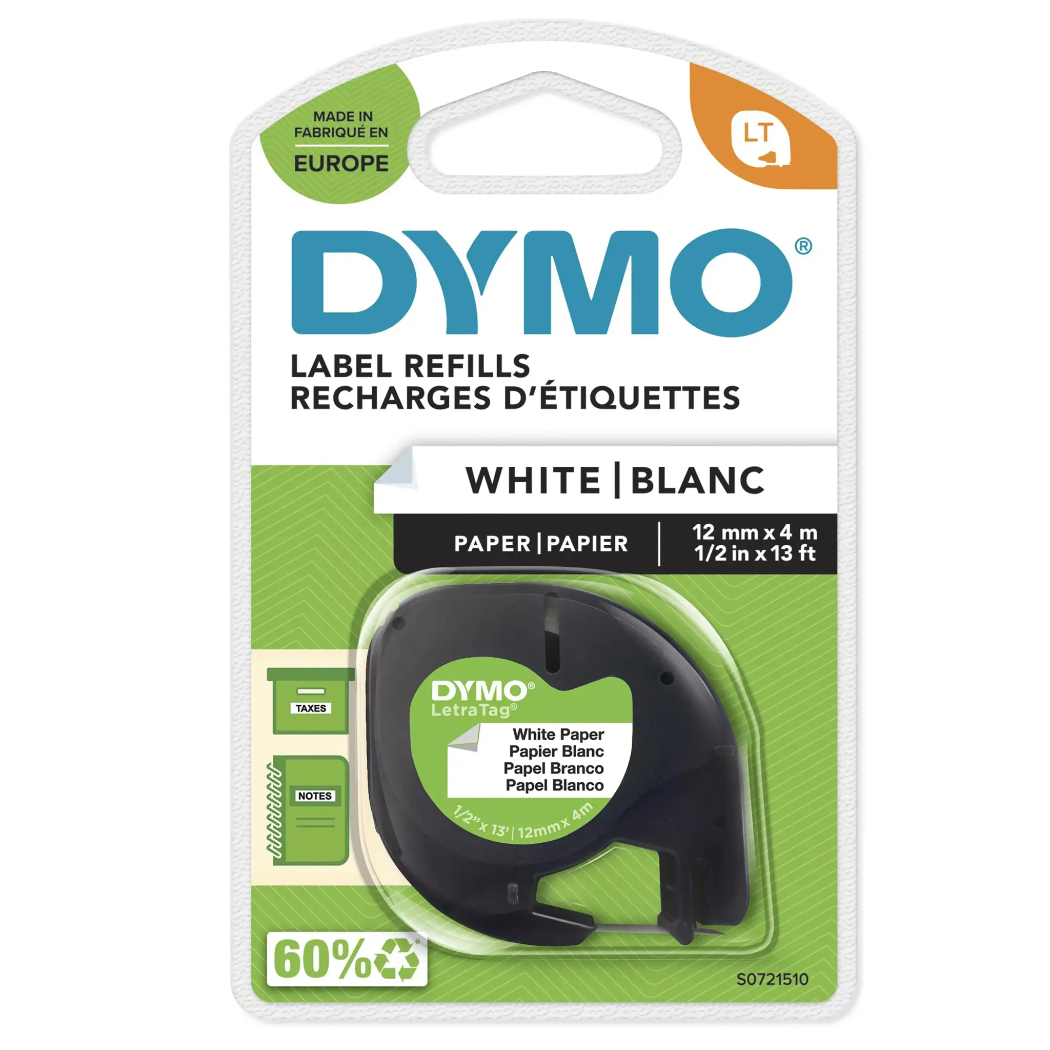 DYMO LetraTag Paper Labels | Authentic | 12 mm x 4 m Roll | Black Print on White | Self-Adhesive Multipurpose Labels for LetraTag Label Makers | Made in Europe, Black on white, Paper, Belgium, DYMO, LetraTag 100T, LetraTag 100H, 1.2 cm