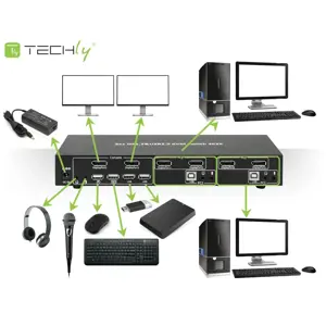 TECHLY 101928 Techly 2 prievadų DisplayPort/USB dviejų monitorių KVM jungiklis 2x1 su garsu