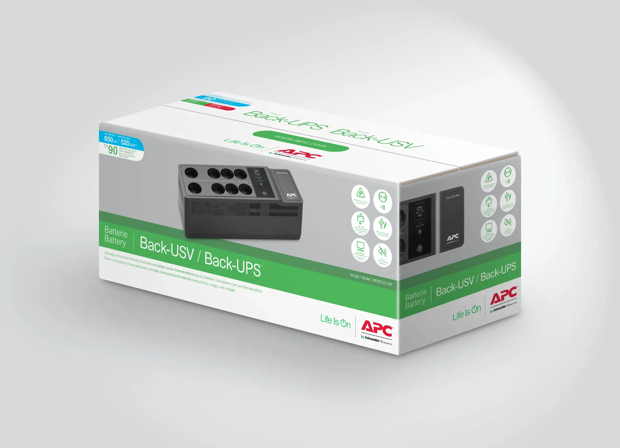 APC Back-UPS 850VA 230V C ir A tipo USB įkrovimo prievadai