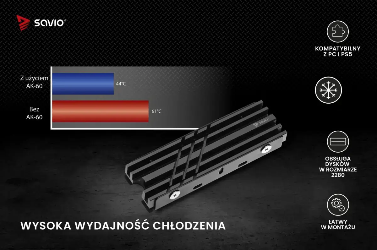 SAVIO aušinimas M.2 NVME 2280 diskams, AK-60, juodas
