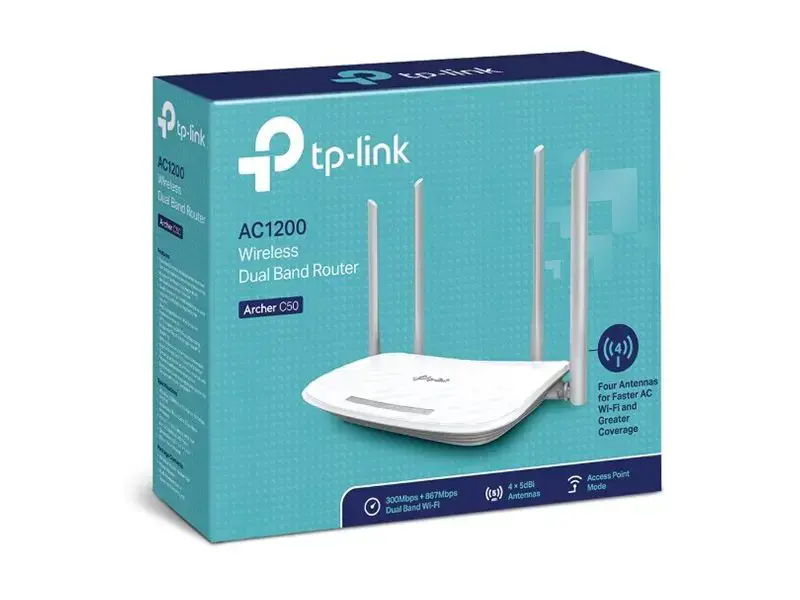 TP-Link Archer C50, "Wi-Fi 5" (802.11ac), dviejų dažnių (2,4 GHz / 5 GHz), Ethernet LAN, 4G, baltas, stalinis maršrutizatorius