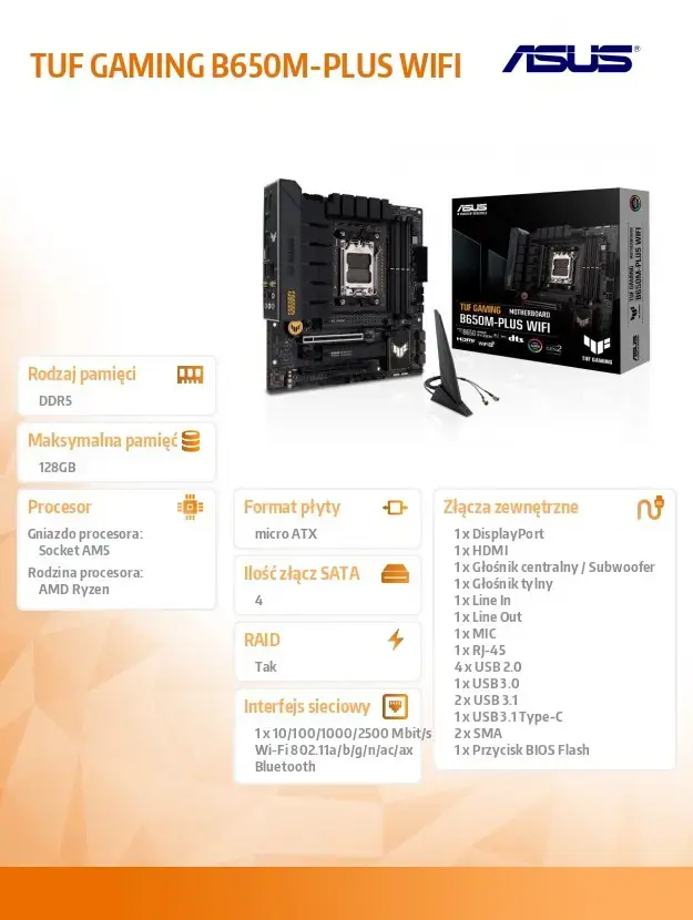 ASUS TUF GAMING B650M-PLUS WIFI, AMD, Socket AM5, DDR5-SDRAM, 128 GB, DIMM, dviejų kanalų