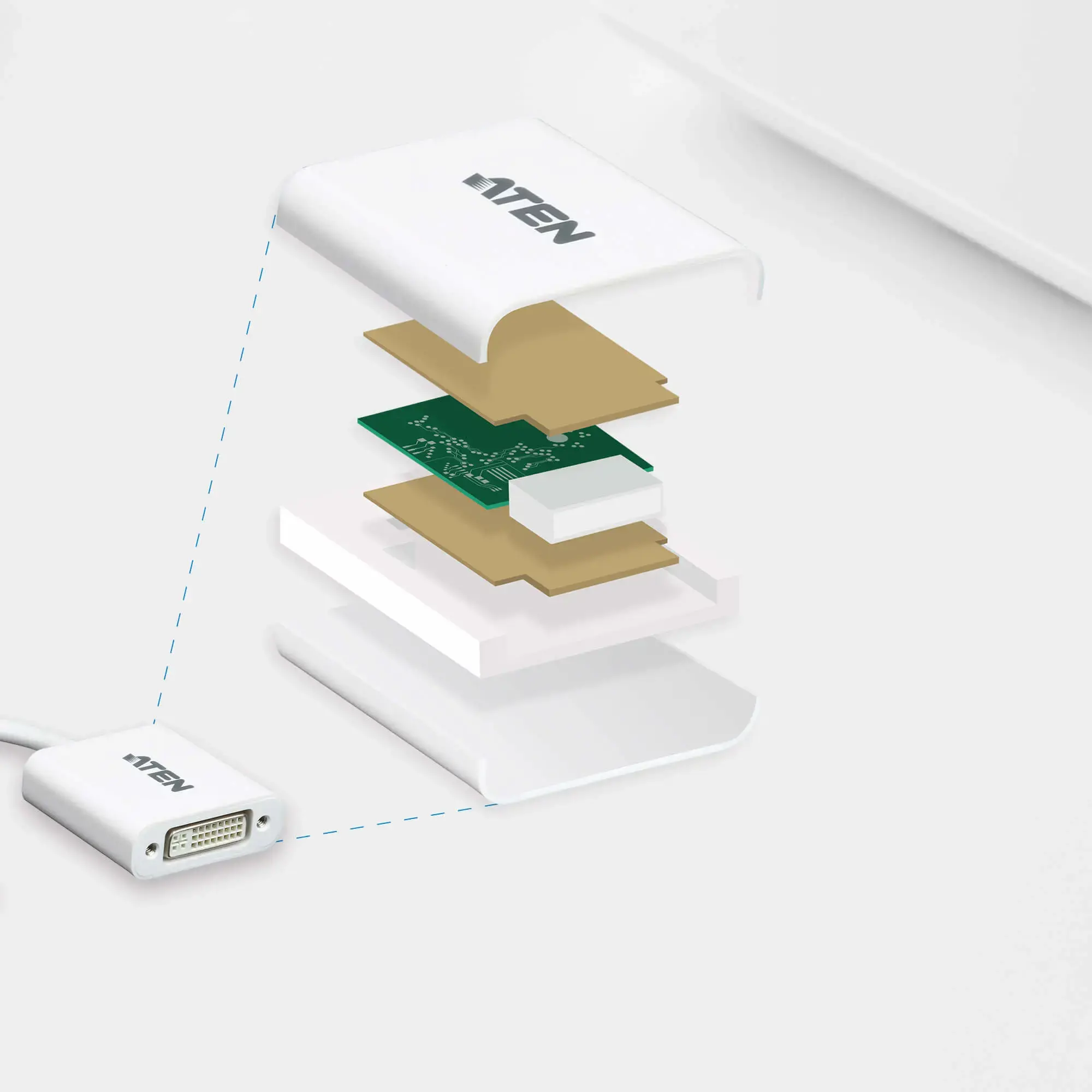 ATEN DisplayPort-DVI keitiklis, kompiuteris: Iki UXGA / HDTV: iki 1080i, 1080p, DisplayPort, DVI-I, vyriškas, vyriškas, tiesus, tiesus, tiesus