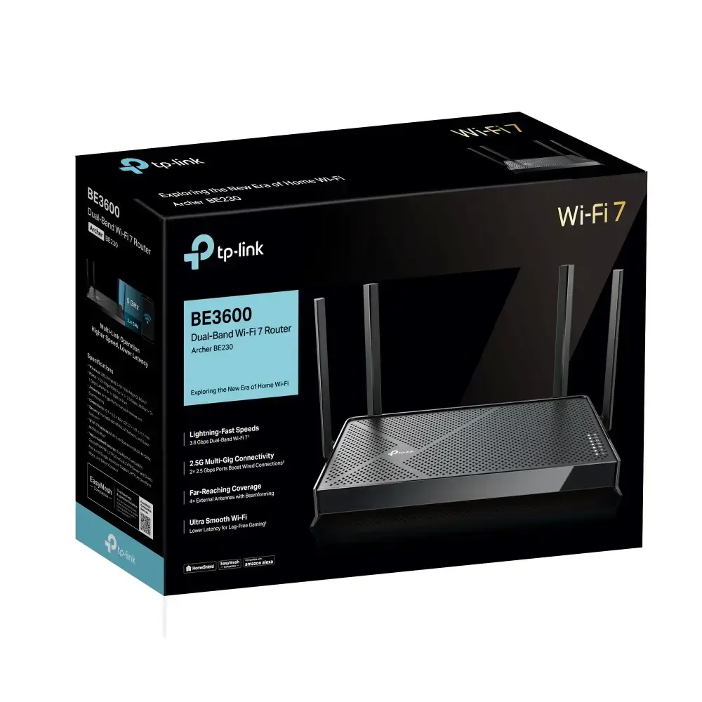 BE3600 Dual-Band Wi-Fi 7 Router | Archer BE230 | 802.11be | 3570 Mbit/s | Ethernet LAN (RJ-45) ports 4 | Mesh Support Yes | MU-MiMO Yes | No mobile broadband | Antenna type External | 1