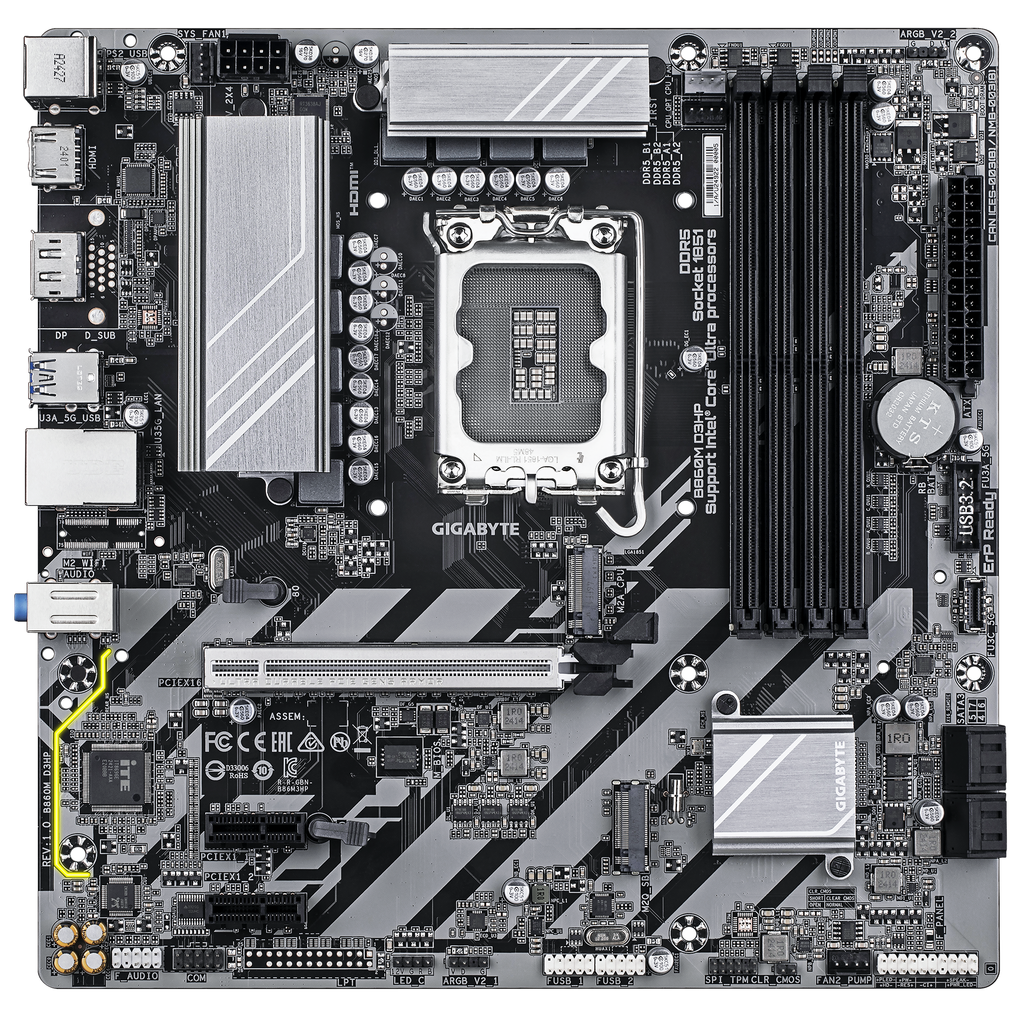 Mainboard GIGABYTE Intel B860 Express LGA1851 Micro-ATX Memory DDR5 Memory slots 4 2xPCI-Express 1x 1xPCI-Express 16x 2xM.2 1xHDMI 1xDisplayPort 1xAudio-In 1xAudio-Out 1xMicrophone 3xUSB 2.0 3xUSB 3.2 1xPS/2 1xRJ45 B860MD3HP1.0