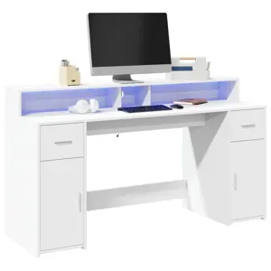 Rašomasis stalas su LED apšvietimu, baltas, 160x55x91cm