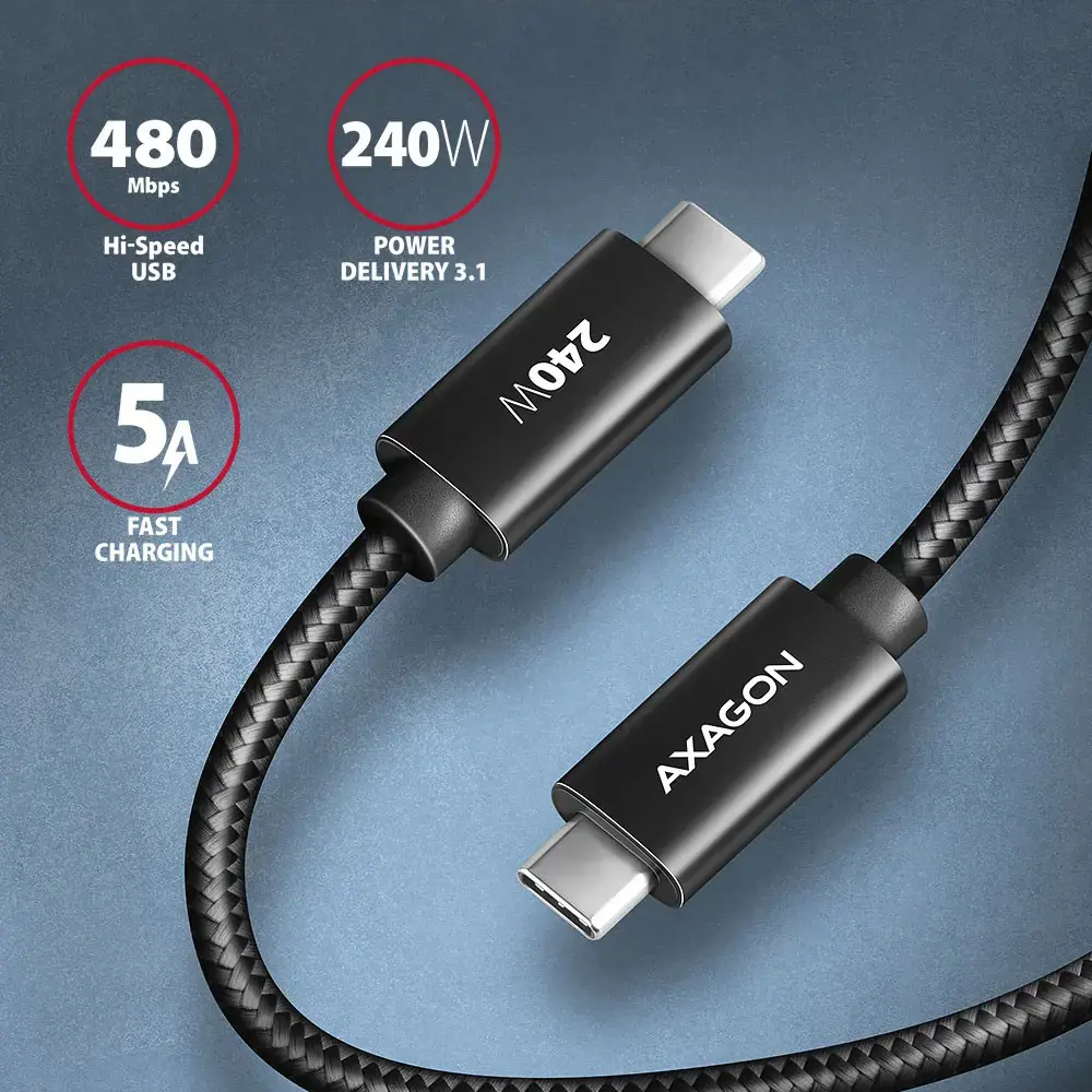 Axagon Data and charging USB 480Mbps cable length 3 m. PD 240W, 5A. Black braided.