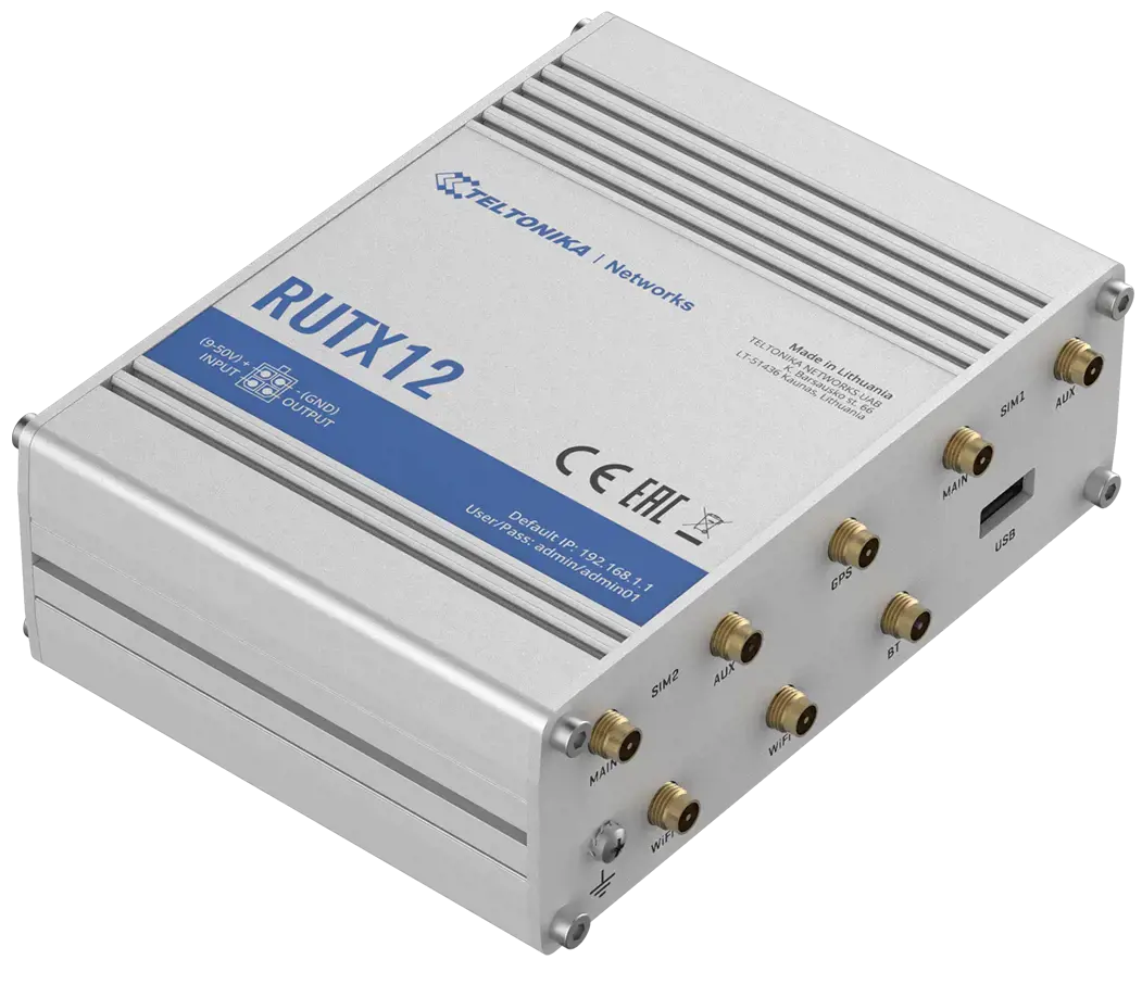 TELTONIKA RUTX12 Pramoninis 4G LTE maršrutizatorius Cat 6 Dual Sim 1x Gigabit WAN 3x Gigabit LAN WiFi 802.11 AC