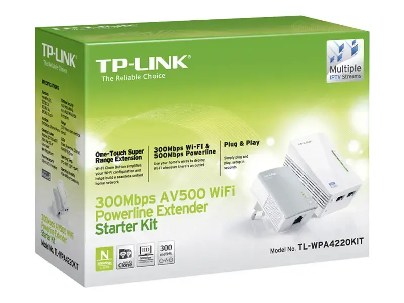 "TP-Link Powerline 600 Wi-Fi Extender Starter Kit", 600 Mbit/s, IEEE 802.11b, IEEE 802.11g, IEEE 802.11n, IEEE 802.3, IEEE 802.3u, Fast Ethernet, 10 100 Mbit/s, "Wi-Fi 4" (802.11n), 802.11b, 802.11g, "Wi-Fi 4" (802.11n)