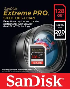 "SanDisk Extreme PRO" 128 GB SDXC atminties kortelė + 2 metų "RescuePRO Deluxe" iki 200MB/s ir 90MB/s skaitymo/rašymo greitis, UHS-I, 10 klasė, U3, V30; EAN:619659188634