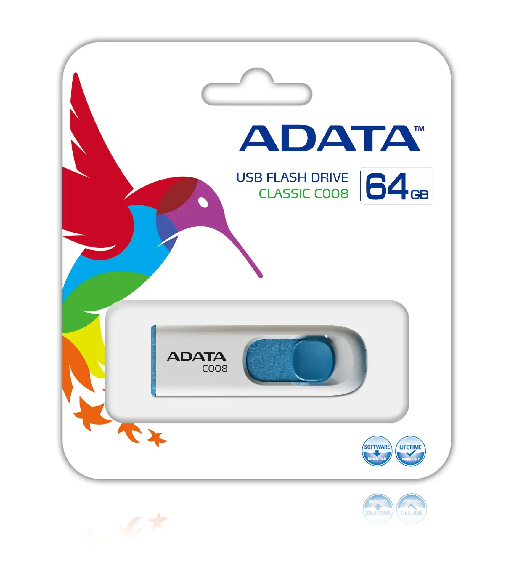 ADATA C008 Capless Sliding USB Flash Drive 64GB WHITE+BLUE RETAIL