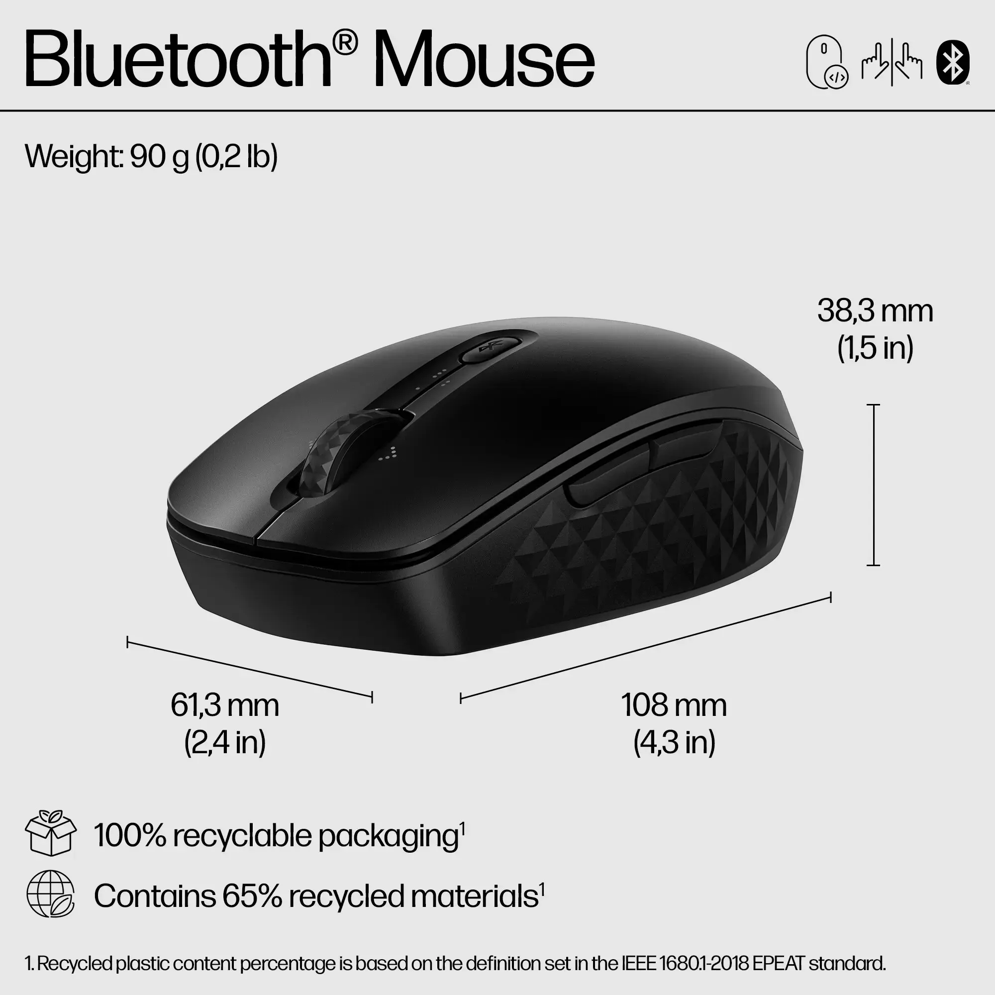 HP 425 programuojama "Bluetooth" pelė, 108,6 mm, 61,6 mm, 38 mm, 89 g, 108 mm, 46 mm