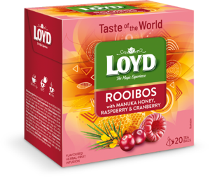 Žolelių ir vaisių raudonoji arbata LOYD, medaus, aviečių, spanguolių skonio, 20 x 1.7g