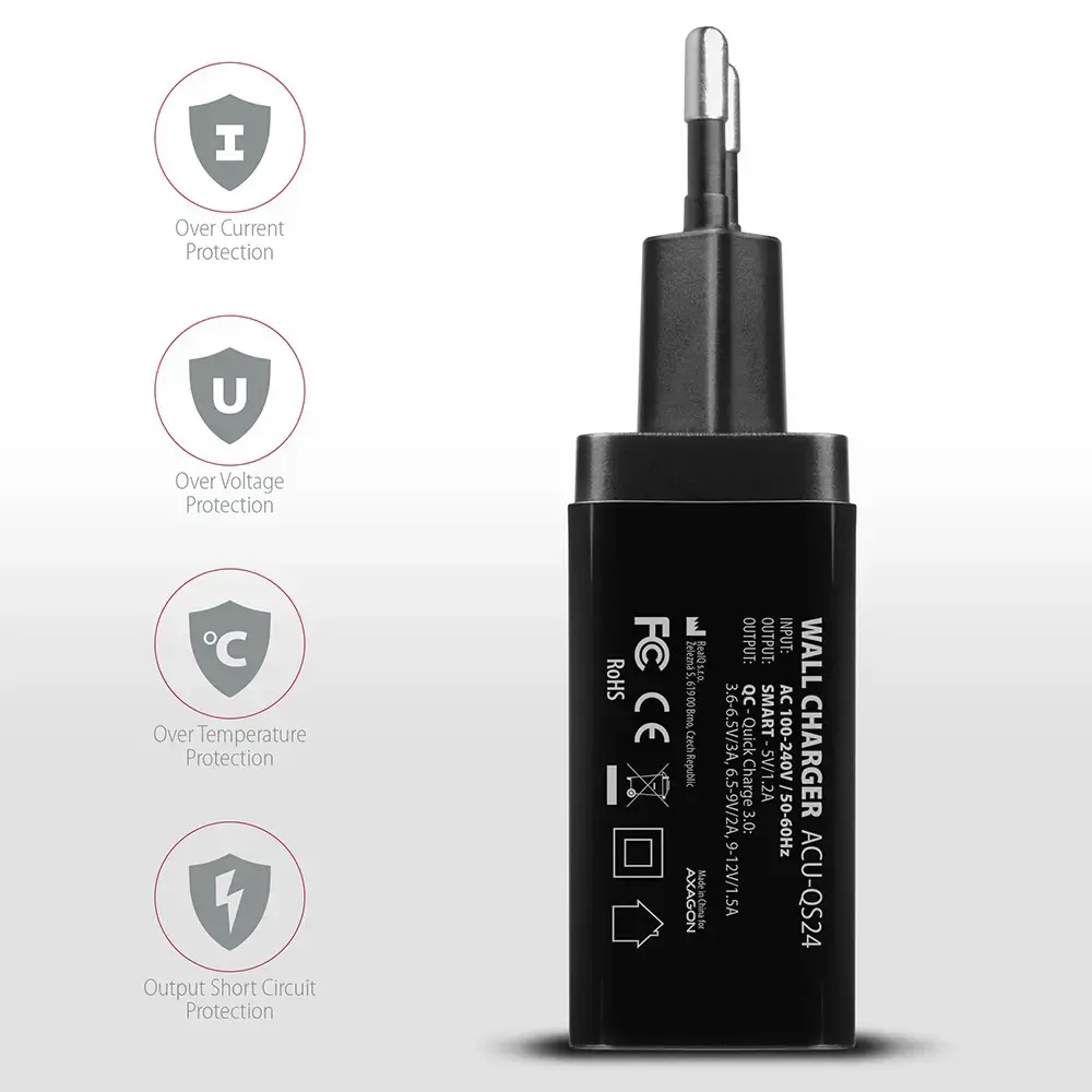 Dvigubas sieninis įkroviklis <240V / 2x USB prievadas QC3.0/AFC/FCP + 5V-1.2A. 24W bendra galia.