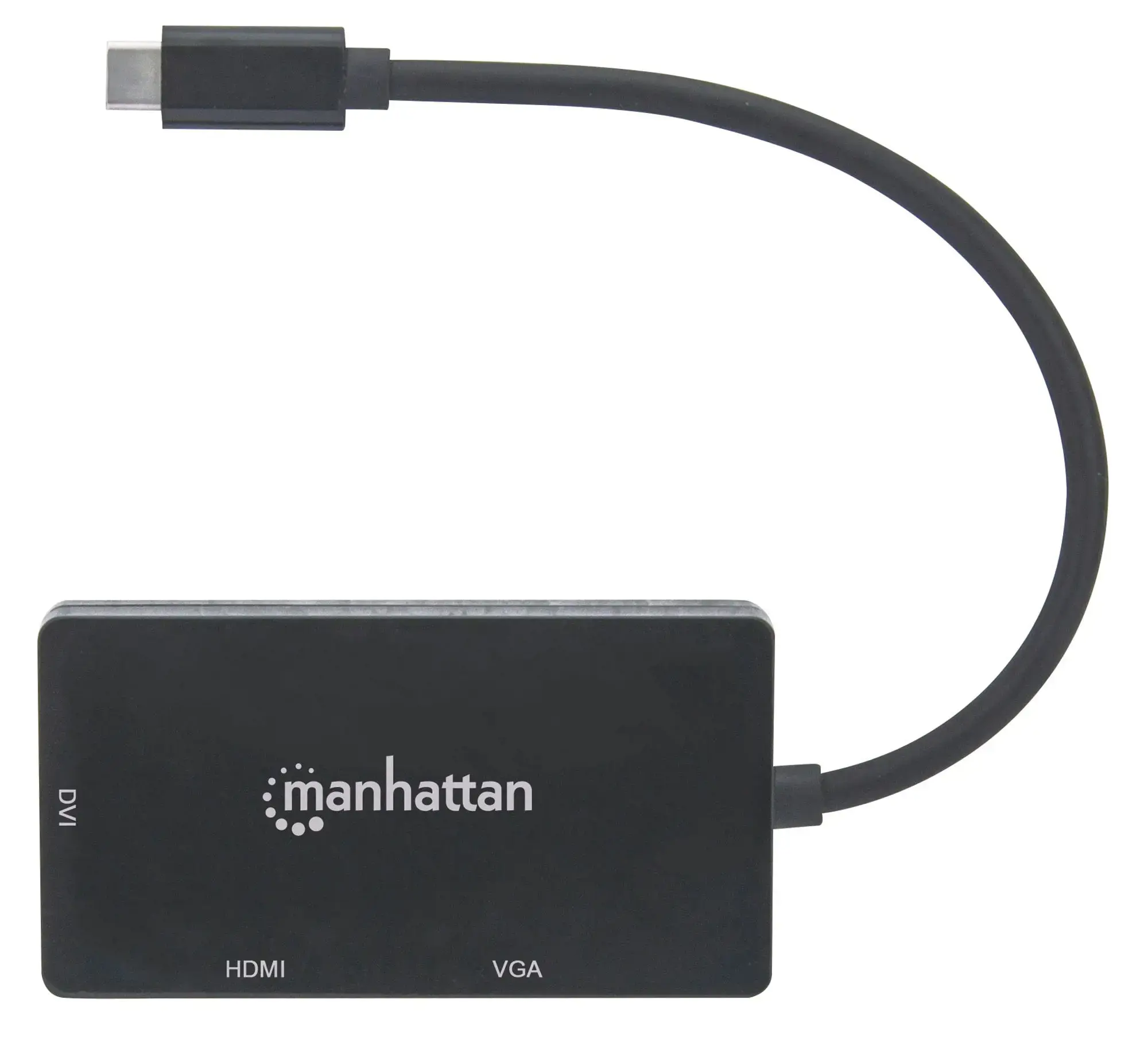 Manhattan USB-C Dock/Hub, Ports (x3): DVI-I, HDMI and VGA Ports, Note: Only One Port can be used at a time, External Power Supply Not Needed, Cable 10cm, Black, Three Year Warranty, Blister, 3840 x 2160 pixels