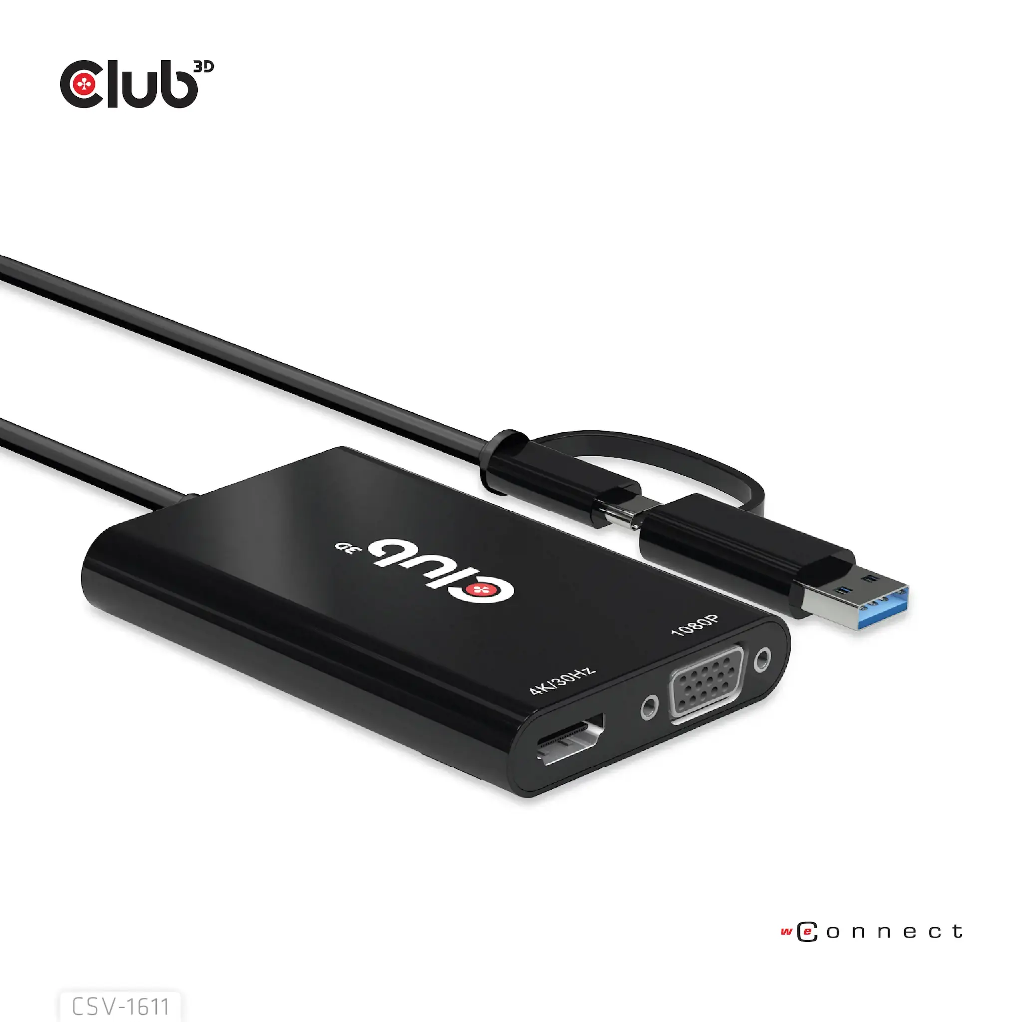CLUB3D USB Gen1 Type-C/-A to Dual HDMI (4K/30Hz) / VGA (1080/60Hz), 0.22 m, USB Type-C, HDMI + VGA (D-Sub), Male, Female, Straight