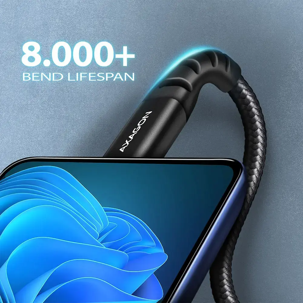 Axagon Duomenų perdavimo ir įkrovimo USB 2.0 kabelis, ilgis 3 m. 3A. PD 60W, 3A. Juodas pintas.