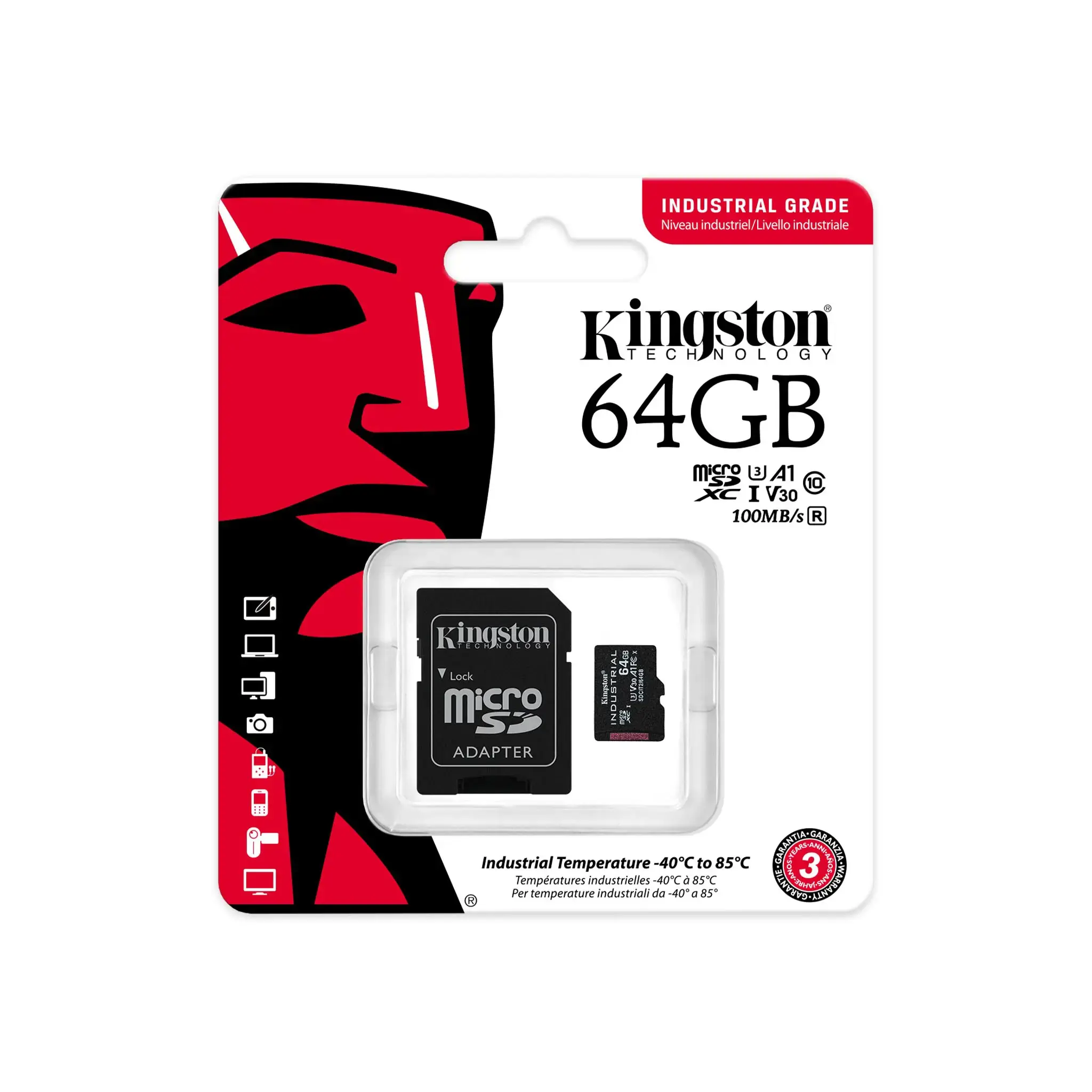 Kingston Technology Industrial, 64 GB, MicroSDXC, Class 10, UHS-I, Class 3 (U3), V30