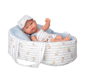 Arias kūdikėlis žydroje nešyklėje su meškiukais, 26 cm