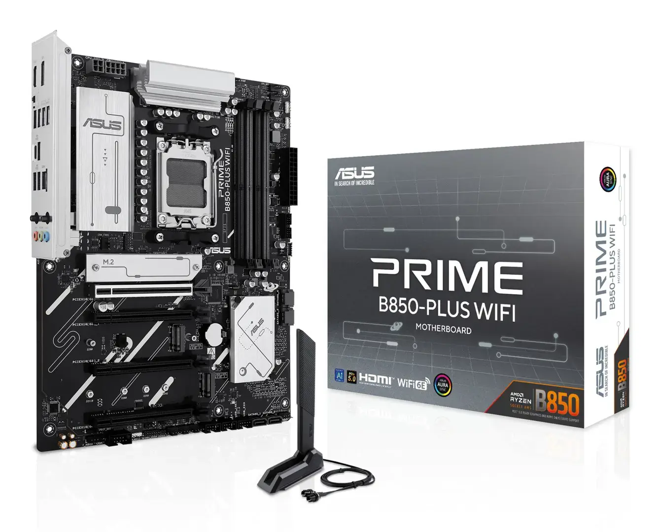 Mainboard ASUS AMD B850 SAM5 ATX Memory DDR5 Memory slots 4 2xPCI-Express 3.0 16x 1xPCI-Express 4.0 16x 1xPCI-Express 5.0 16x 3xM.2 1xHDMI 1xDisplayPort 3xUSB 2.0 5xUSB 3.2 type B 2xUSB-C 3xAudio port PRIMEB850-PLUSWIFI