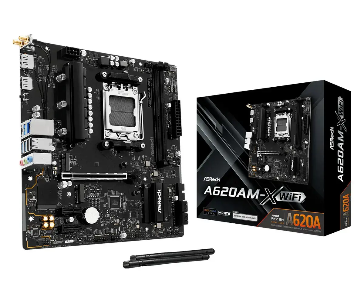 Mainboard ASROCK AMD A620 Socket AM5 micro ATX RAM DDR5-SDRAM 2xSlots Wi-Fi Yes Bluetooth Yes 1xNumber of M.2 (M) slots A620AM-XWIFI