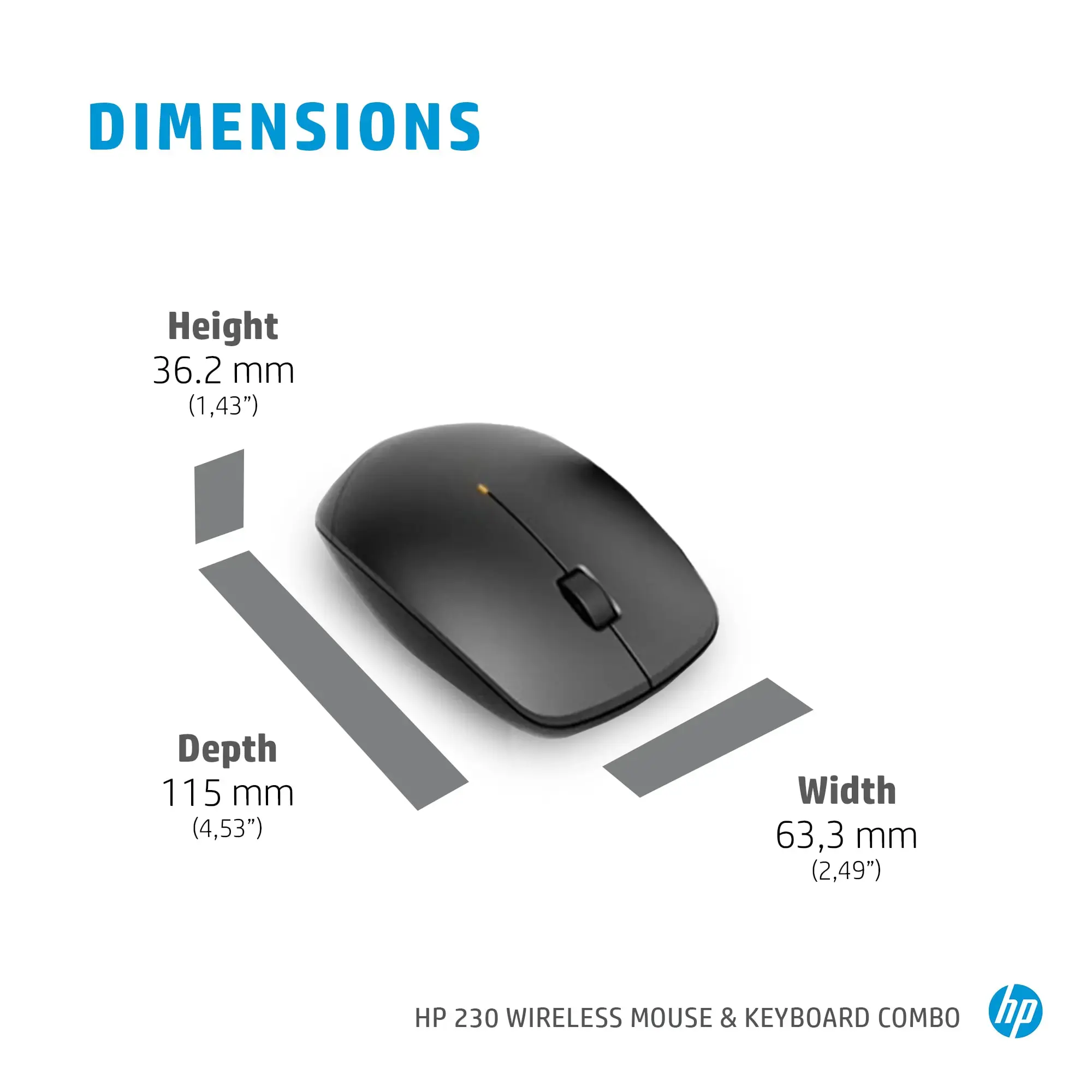 HP 230 Wireless Mouse and Keyboard Combo, Full-size (100%), Wireless, RF Wireless, Membrane, Black, Mouse included