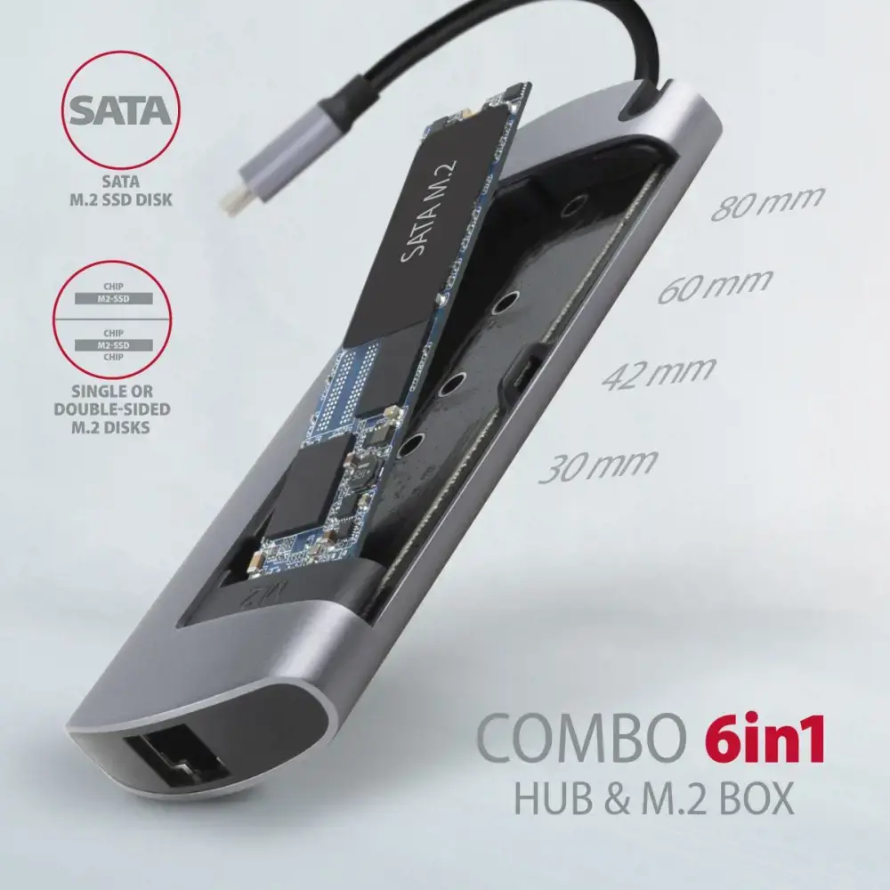 Axagon HMC-6M2 SUPERSPEED USB-C COMBO 6IN1 HUBMultiport USB 3.2 Gen 1 šakotuvas. SATA M.2, HDMI, Gigabit LAN ir Power Delivery. Kabelis USB-C 18 cm.