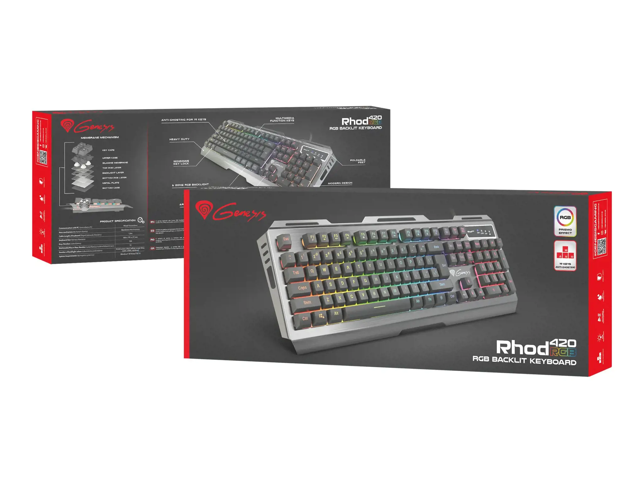 NATEC NKG-1234 Klaviatūra GENESIS RHOD 420 Gaming RGB apšvietimas, USB, JAV išdėstymas