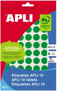 Lipnios etiketės APLI, apvalūs, diam., 10 mm, 8 l., žalias