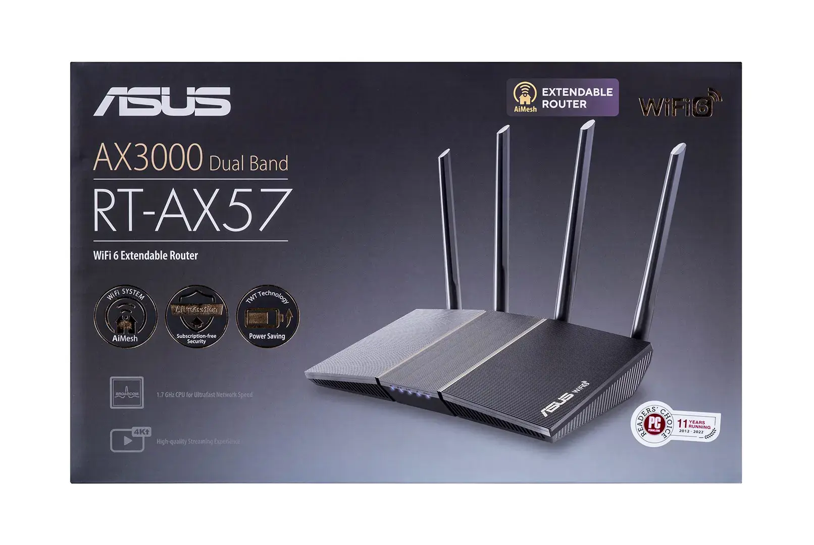 ASUS RT-AX57, "Wi-Fi 6" (802.11ax), dviejų dažnių (2,4 GHz / 5 GHz), Ethernet LAN, juodas, stalinis maršrutizatorius