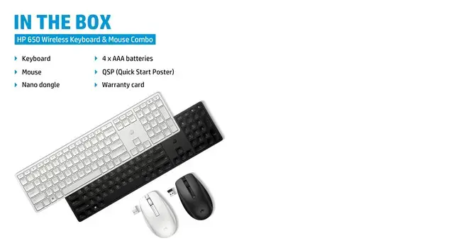 HP 650 belaidis klaviatūros ir pelės komplektas, pilno dydžio (100 %), RF belaidis, membraninis, QWERTY, juodas, pelė pridedama